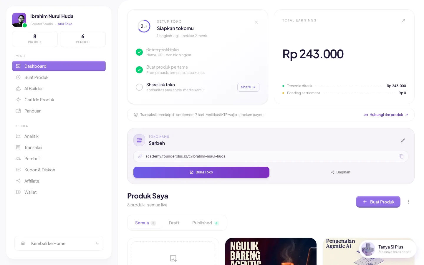 Dashboard creator Founder+ untuk mengelola toko, produk, dan transaksi