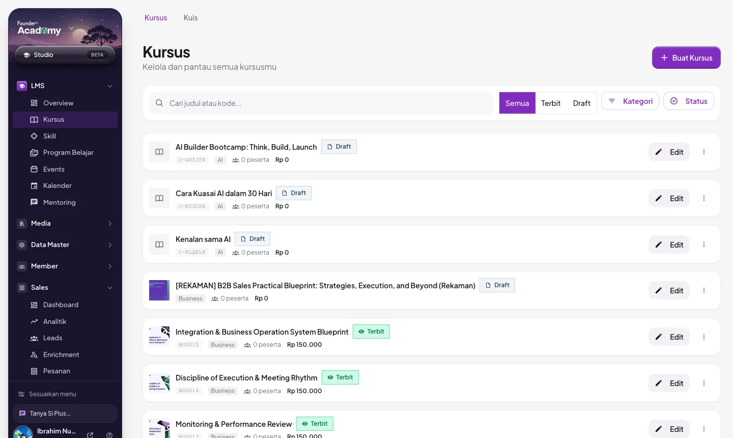 LMS admin Founder+: daftar kursus dengan status Terbit dan Draft